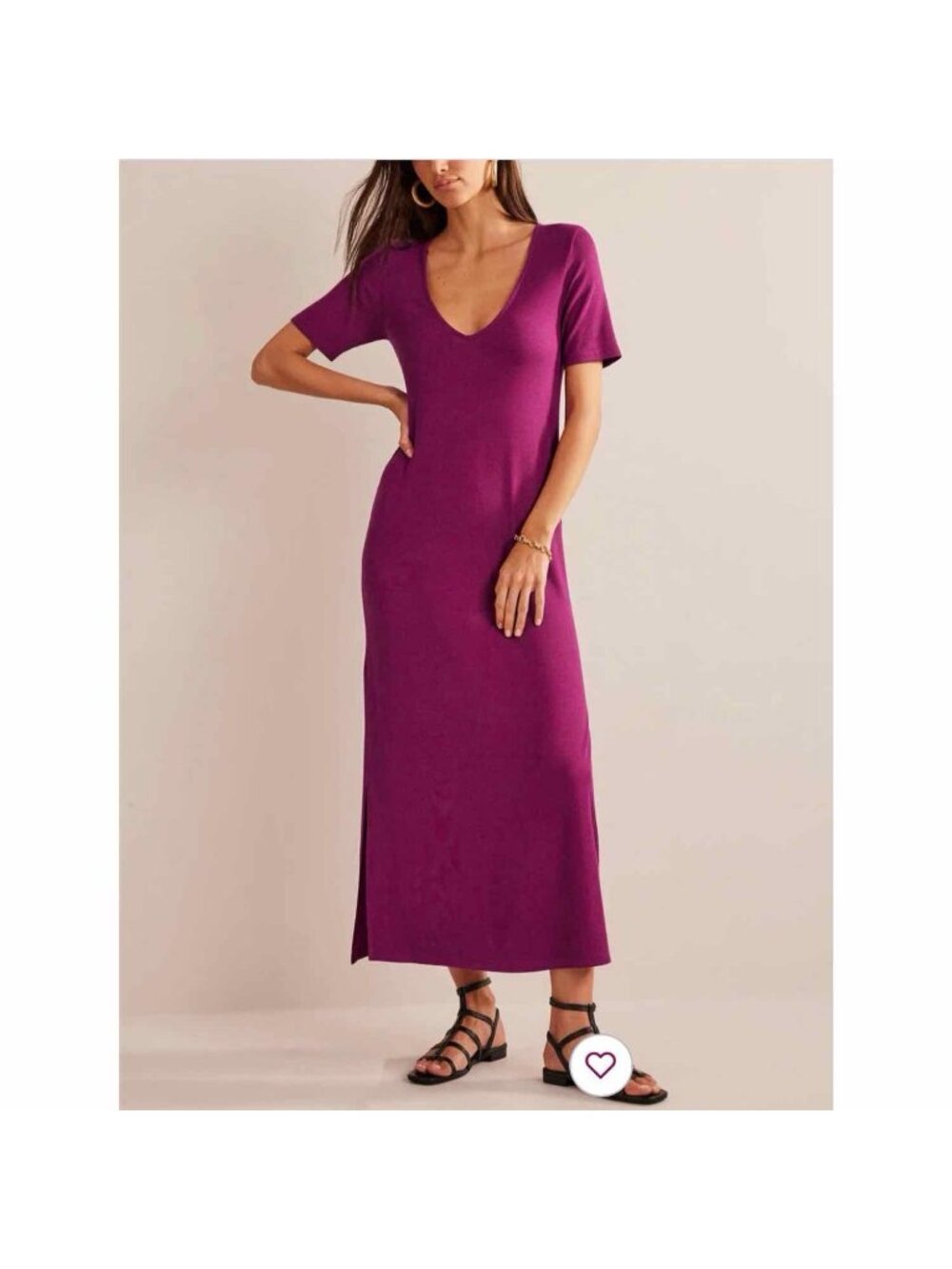 Boden Rib Jersey Midi T-Shirt Dress Short Sleeve V-Neck Side Slits Raspberry 2 R